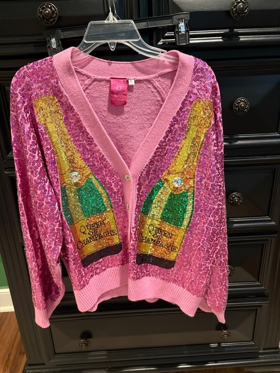 QUEEN OF SPARKLES Sweaters - QUEEN OF SPARKLES Pink Sequin Champagne Bottle Cardigan